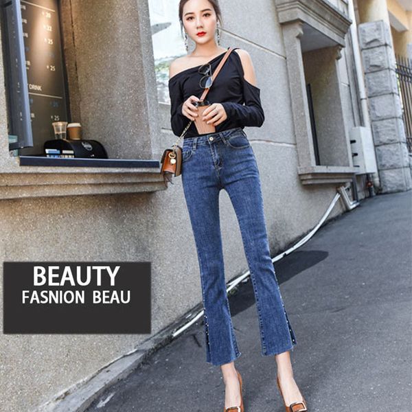 

newly women jeans high waist skinny long pencil trousers split leg hem casual vk-ing, Blue