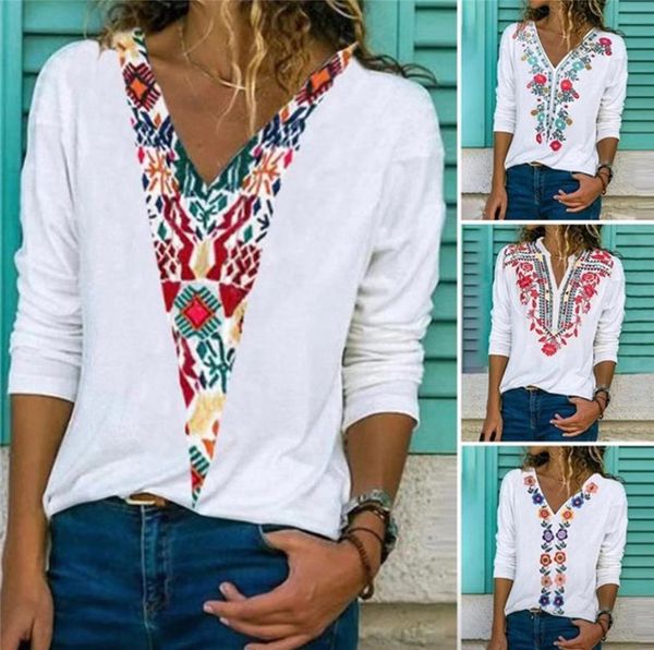 

vintage printed designer tshirts women casual loose long sleeved v neck pullover tshirts fashion women tees, White