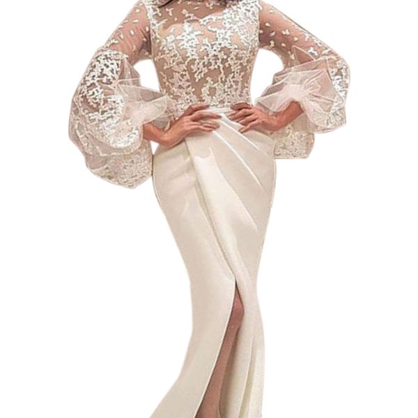 

formal dress lace long sleeve dress slit hemline slim, White
