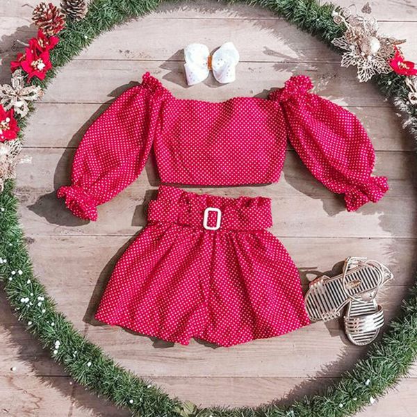 

1-5y toddler baby girl kid summer clothes sets red polka dot print long sleeve off shoulder pants 2pcs, White