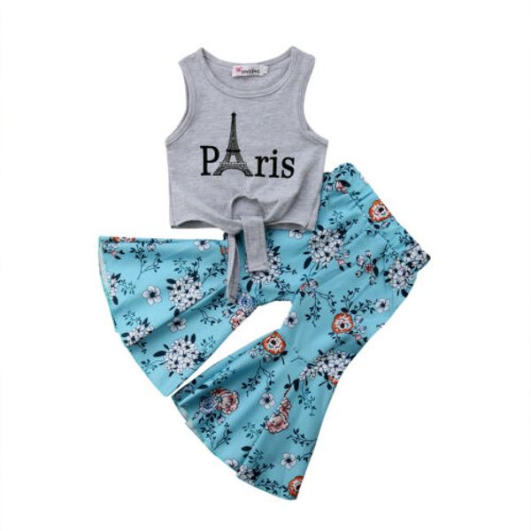 

newborn kids baby girl summer print clothes cotton vest t-shirt+wide leg floral pants children sunsuit outfits clothes set, White