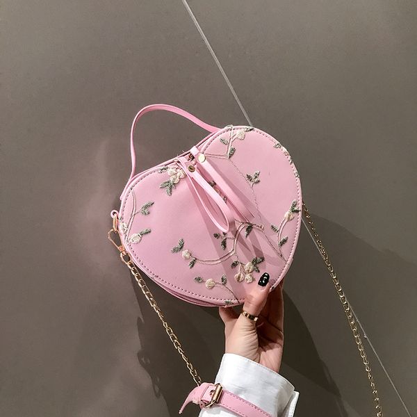 

cute flower embroidery women handbags purse pu fashion lace heart crossbody bags for women korean chain shoulder messenger bags