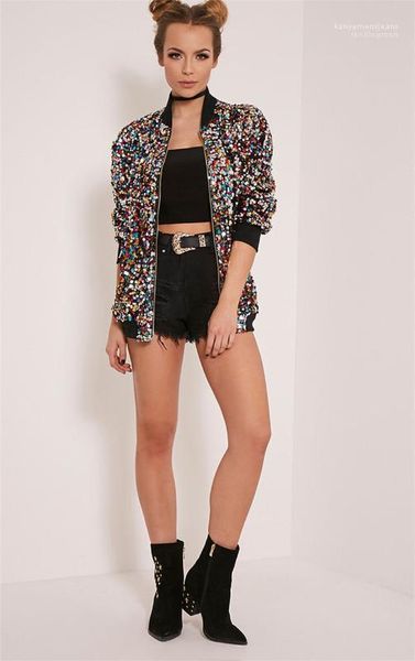 

loose outerwear fashion ladies jackets new arrivals sequins womens flight jackets long sleeve crew neck womens, Black;brown