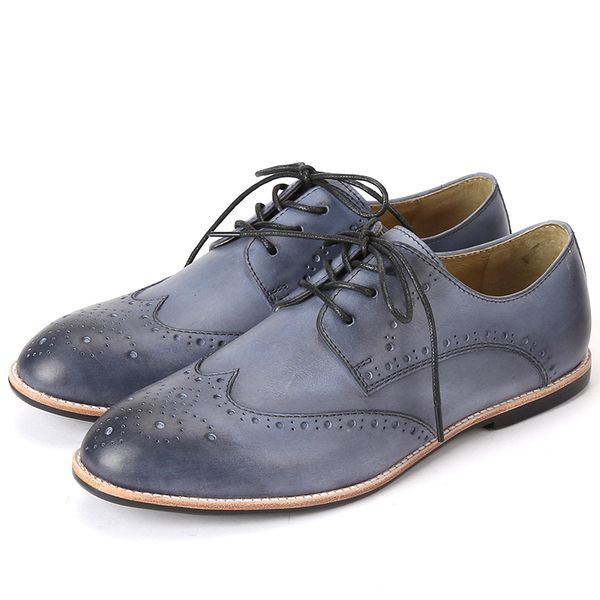 

hand-made brogue genuine leather classic lovers oxford shoes carved leather low-lace-up shoes flat men/women, Black