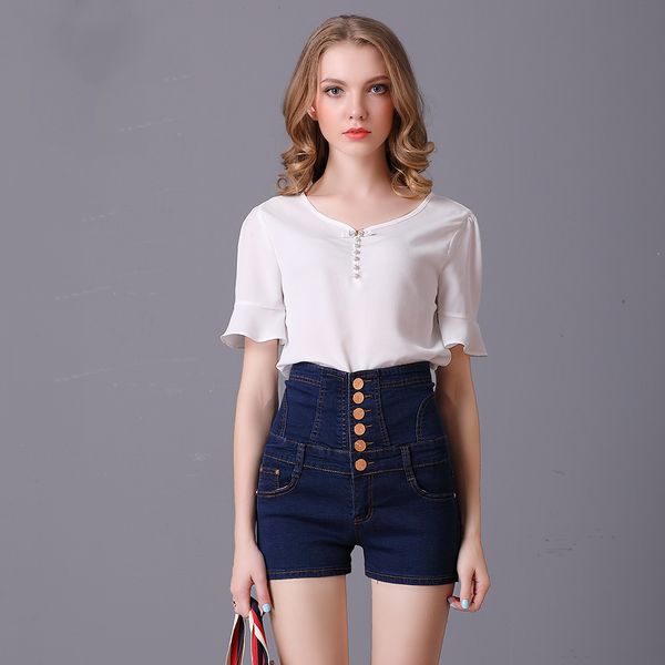 

new design button summer girdle youthful beautiful girl tight new york fashion high-end fabric exotic nightclub casual denim shorts, White;black