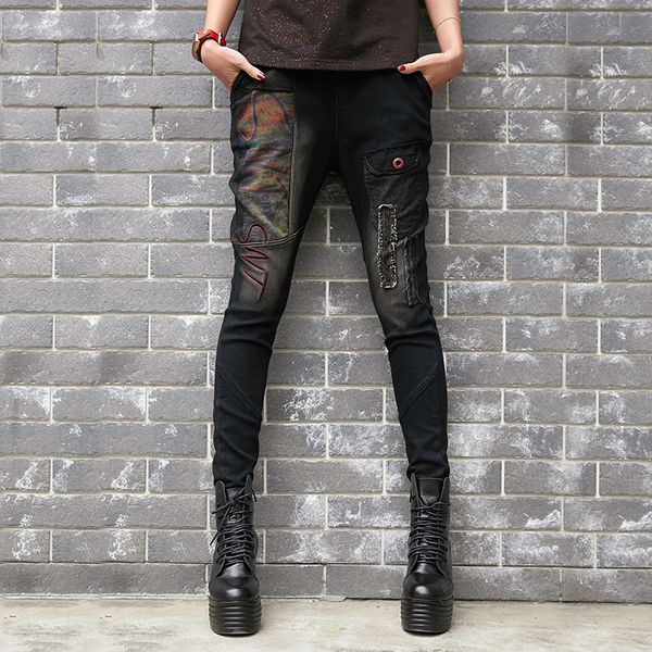 

#2231cotton slim denim pencil pants for women black streetwear girl trousers elastic waist patchwork jeans pants femme plus size, Blue