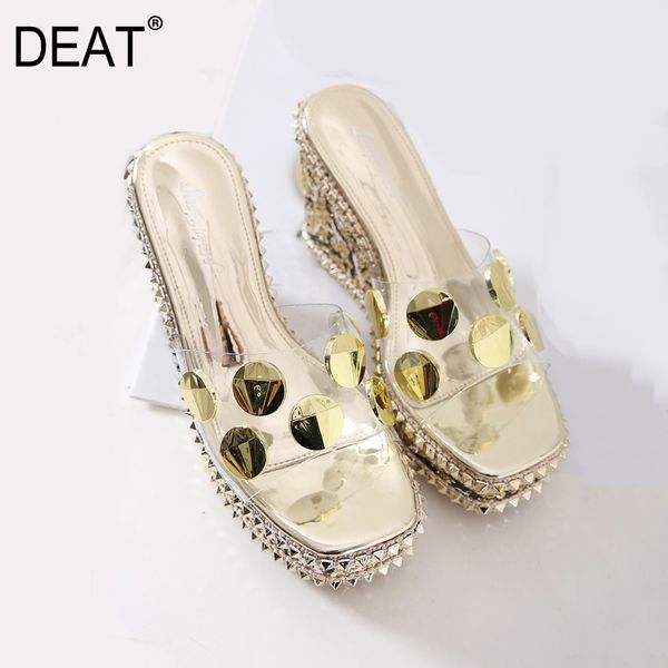 

deat] 2020 new spring summer square toe shallow transparent pvc crystal wedges platform slippers women shoes fashion 10h196, Black