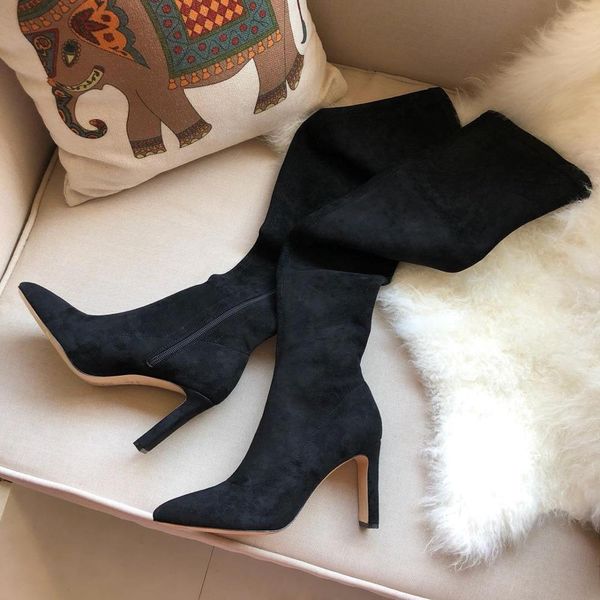 

2019 new over-the-knee boots women fashion flock shoes woman autumn winter zapatos de mujer high heels ponited toe shoe, Black
