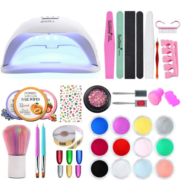 

full manicure set with nail lamp 12 color nail glitter gel polish acrylic kit base &coat gel varnish manicure tools set