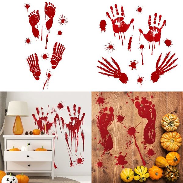 Adesivi murali di impronte di mani di sangue di Halloween Adesivi murali di impronte digitali sanguinanti di orrore Porta del pavimento impermeabile Decorazione per feste di Halloween
