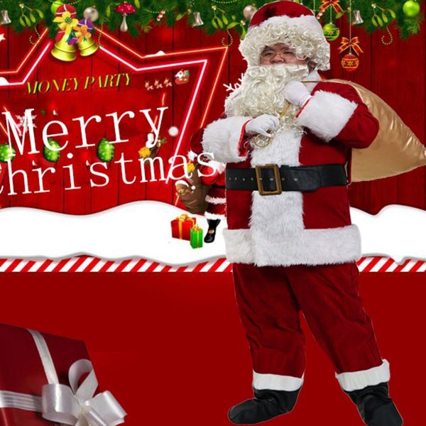 

christmas costume 7 pieces velvet leather santa claus clothes set coats, pants, cap, glove, belt, shoe covers, beard