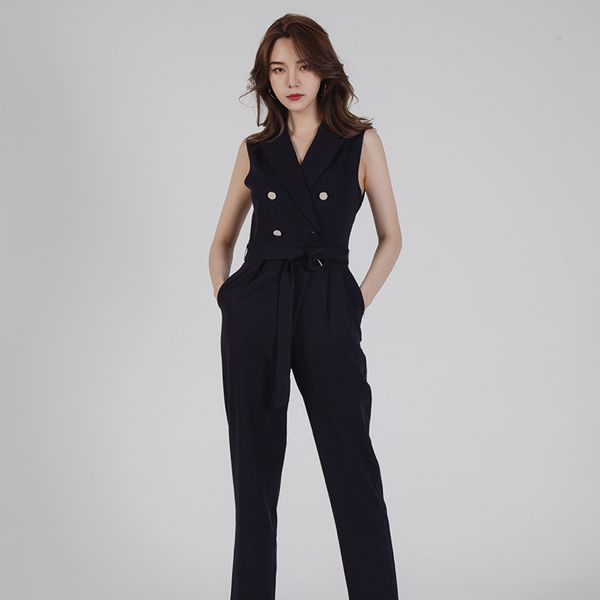 

elegant office work jumpsuit casual sleeveless overalls women rompers straight belted black white one-piece long trousers