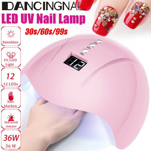 

36w nail dryer uv led lamp lcd display 12 led dryer lamp for curings gel polish sun light manicure tool nail art pink new