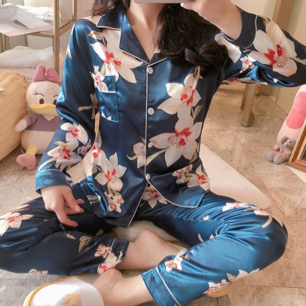 

silk pajama sets for women long sleeve trousers 2 pcs pyjamas comfort pijama female comfort casual sleepwear nightwear, Black;red