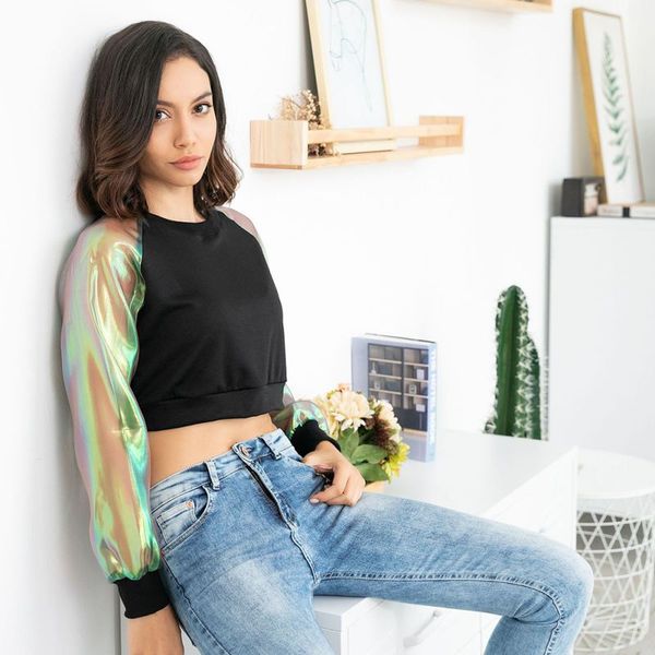 

2019 korean style tees mesh stitching knitted tshirt women casual short long sleeve autumn o neck crop top, White