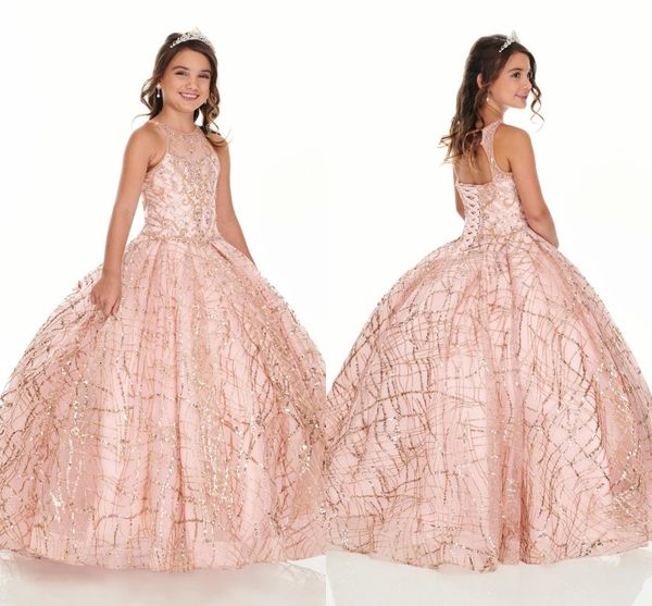 2022 Bling Rose Gold Mini Quinceanera Pageant Vestidos Para Meninas Glitter Tule Jóias Strass Frisado Vestido de Festa Infantil Flores
