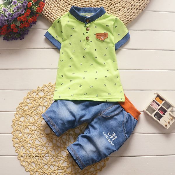 

baby boys summer clothes newborn children clothing sets for boy short sleeve shirts + jeans cool denim shorts suit, White