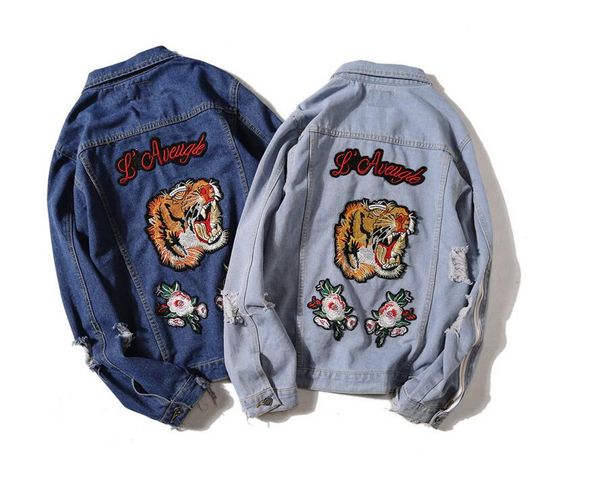 

mens embroidery tiger denim jackets ripped fashion designer slim fit streetwear motorcycle biker jeans jacket coat xabb408, Black;brown