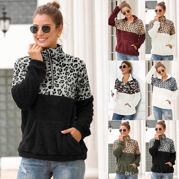 

10 colors sherpa women leopard patchwork pullovers winter long sleeve sweatshirt zipper soft fleece sweater outwear coat with pocket, White