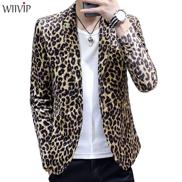 

new man fashion print leopard notched collar full sleeve smooth soft fabric blazer coat male spring autumn slim outerwear 1122, White;black