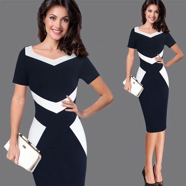 

womens elegant optical illusion colorblock contrast modest slim work business casual party sheath pencil dress, Black;gray
