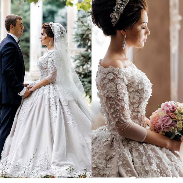 

stunning ball gown wedding dresses 2020 arabic dubai floral appliques beads bridal gown 3/4 long sleeve court train vestidos de novia al5927, White