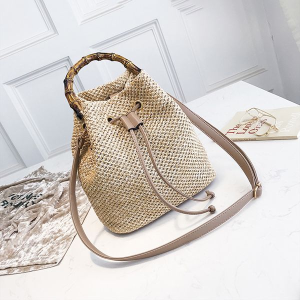 

new drawstring women's straw bucket bag summer woven shoulder bags shopping purse beach handbag straw handbags travel bag