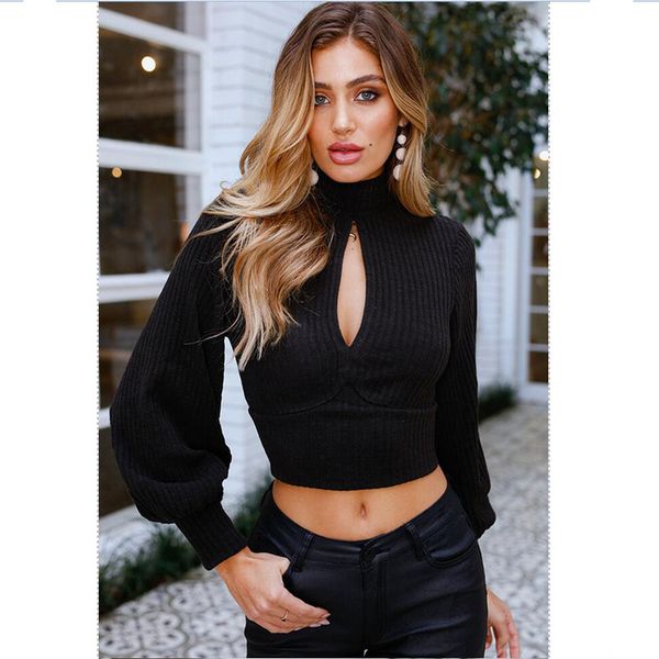 

2019 autumn elegant womens pullover warm long sleeve backless bow ladies knitted hollow high neck sweater crop blouse, White;black