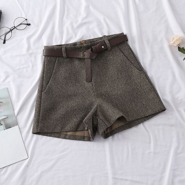 

2020 spring autumn women wide leg woolen shorts outerwear casual high waist short with sashes women warm woolen shorts, White;black