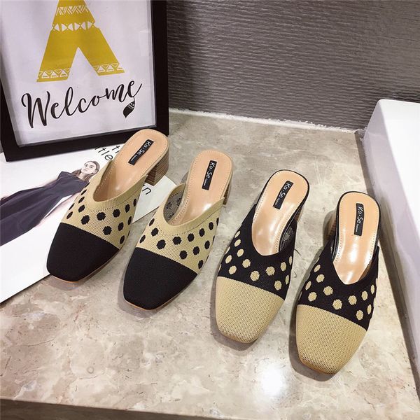 

2020 new women polka dot shoest slip on thick heel shoes breathable knitted square head soft moccasins slippers, Black