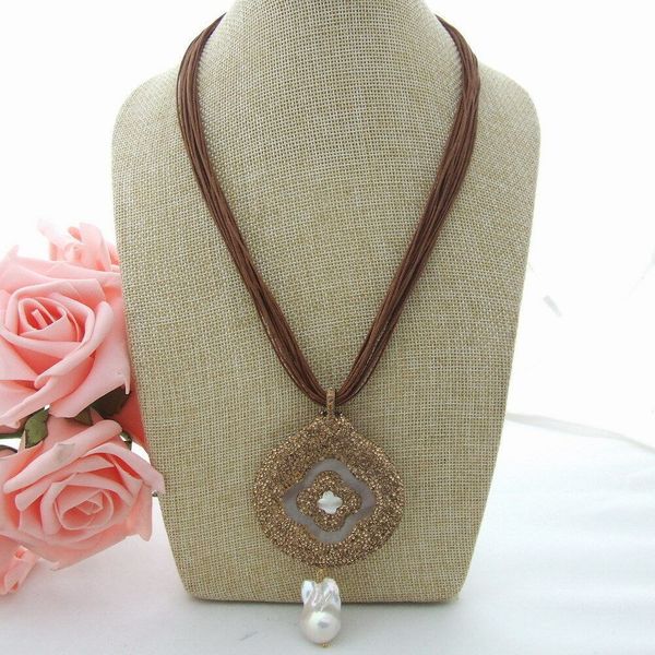 

19'' brown thread necklace rose crystal keshi pearl pendant, Silver