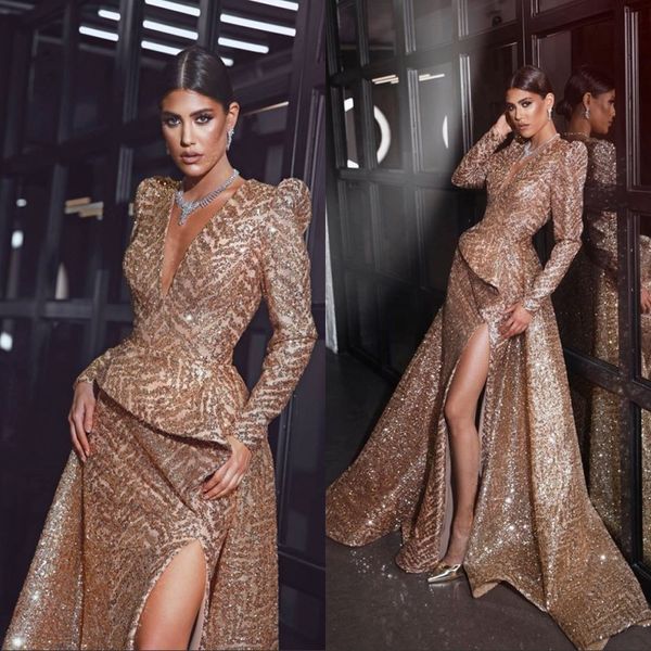 

gorgeous long sleeve evening dresses with gold sequined front slit mermaid prom dresses mother of the bride gowns, Black;red