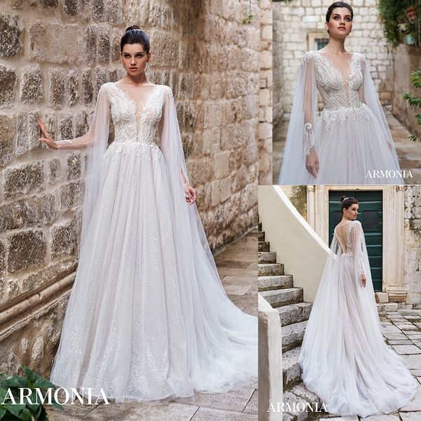 

modest bohemian tmarmonia a line wedding dresses v neck long sleeve tulle lace applique crystal wedding gowns sweep train robe de mariÃ©e, White