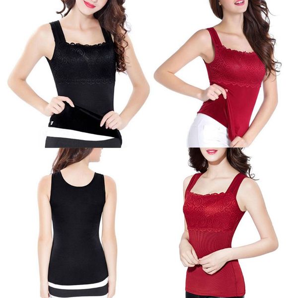 

women winter warm thickened tank skinny thermal underwear body sculpting vest floral lace patchwork solid basic shirt