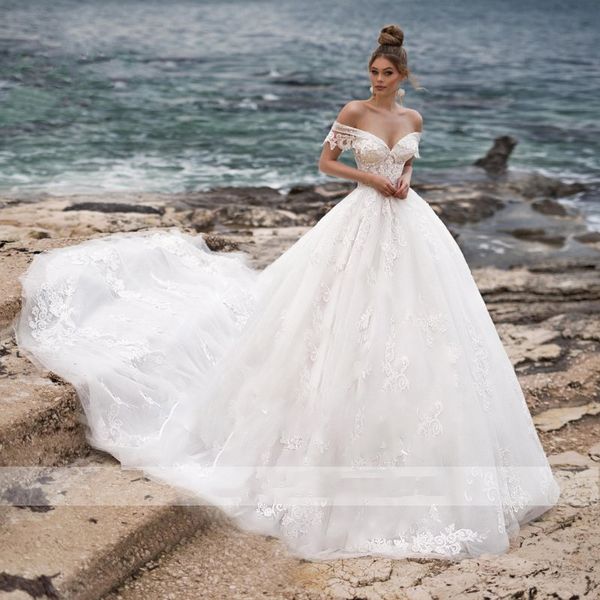 

swanskirt милая бальное платье свадебное платье 2019 года сексуальная аппликация кружева цветы royal train тюль платье невесты robe de maria, White