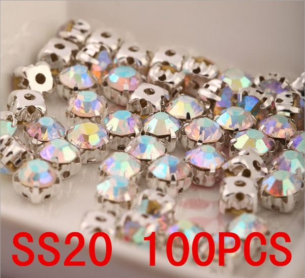 Frete Grátis 200pcs SS20 Cristal Ab Prata Flatback Costurar em pedras com garras de prata banhado a alojamento Chatons Crystal Glass Pedras