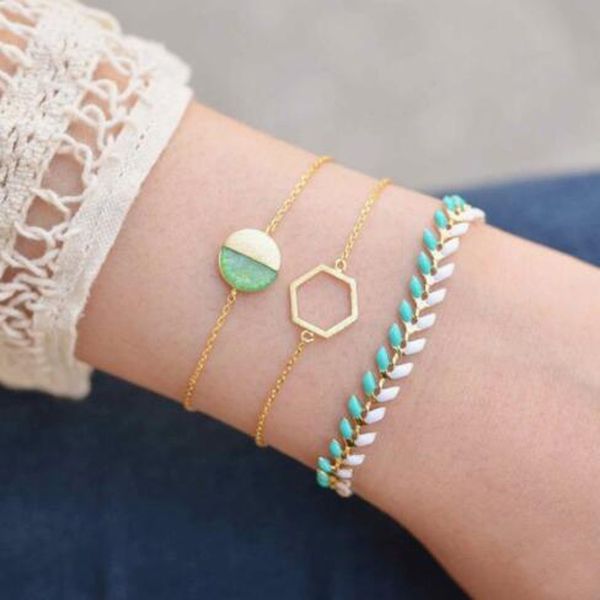 

tocona 3pcs/set gold green stone round geometric leaf layered bracelet set for women gold chains leaves bracelet bangle 3485, Black