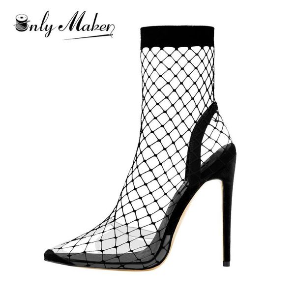 

onlymaker women's 2020 new boots clear fishnet socks pointed toe slim chic stiletto high mid heels boots us5-us15, Black
