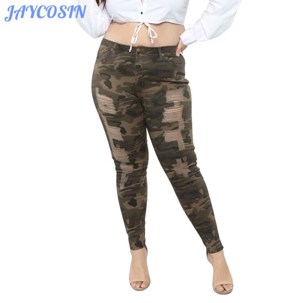 

jaycosin clothes women plus size stretch camouflage denim jeans ladies fashion slim skinny hole ripped pencil pants 820, Blue