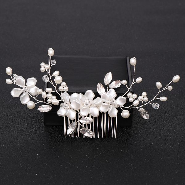 

trendy pearl flower wedding hair comb hair accessories bridal headpiece silver women back decorative comb ornaments jewelry, Golden;white