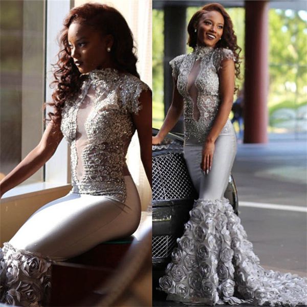 

african silver high neck mermaid prom dresses ruffles rose flower prom gowns robe de bal backless party dresses evening wear for black girls