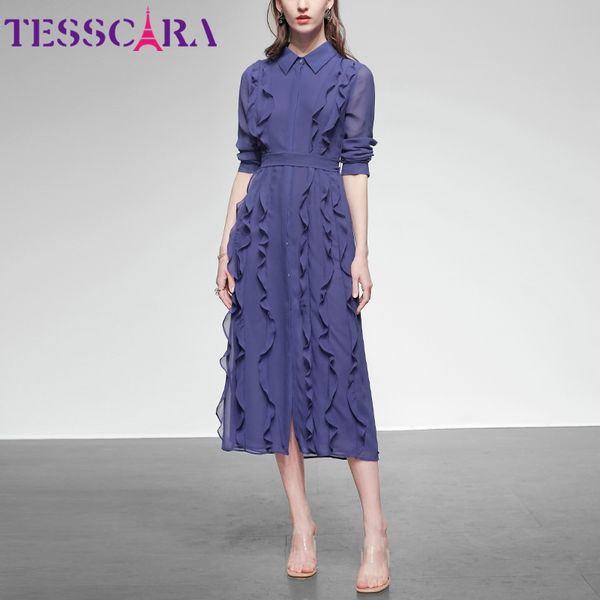 

tesscara women spring summer elegant chiffon dress shirt office cocktail party robe femme ruffle designer vestidos, Black;gray