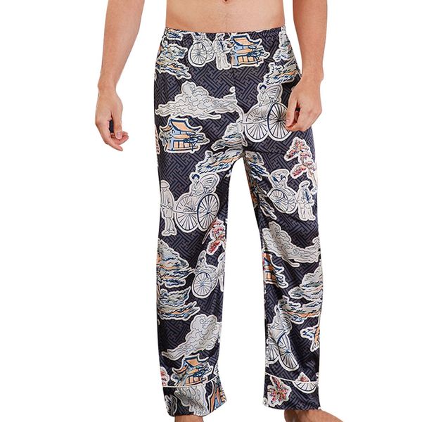 

100% cotton sleep bottoms mens pajama simple sleepwear pants men simulation silk pajamas lingerie print long sleep pants, Black;brown