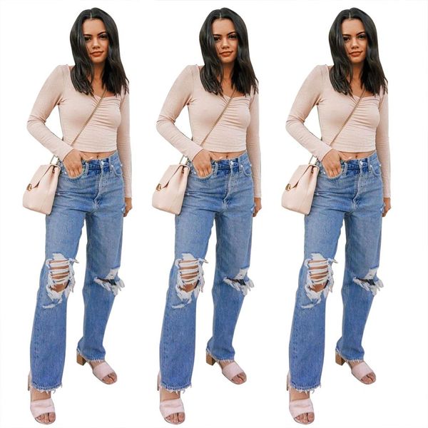 

2019 bleached washed shredded white wind shredded washed jeans women blue high waist tight trousers stretch cowboy cowboy