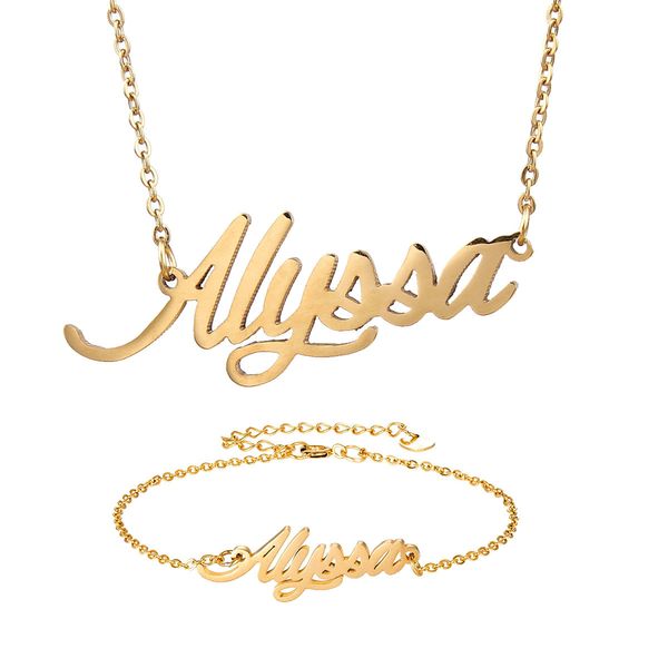 

Fashion Stainless Steel Name Necklace + Bracelet Set " Alyssa " Script Letter Gold Choker Chain Necklace Pendant Nameplate Gift, Silver