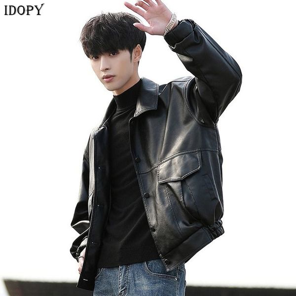 

idopy men`s ma-1 faux leather jacket flight bomber jackets and coat loose fit motorcycle pu leather outerwear, Black