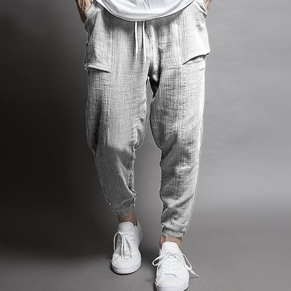 

mens hip hop cotton linen pants drawstring waist pocket loose pencil pants casual harem sweatpants trousers, Black