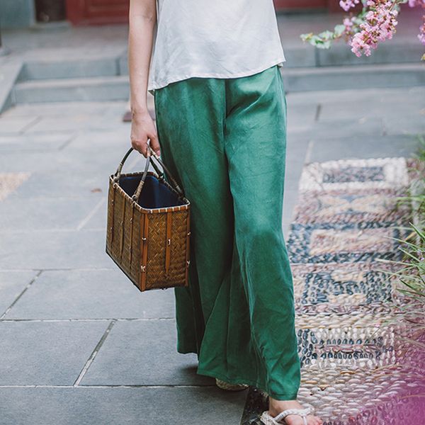 

women's pants & capris johnature women vintage summer 2021 cotton rayon thin comfortably soft solid loose brief green black wide leg, Black;white