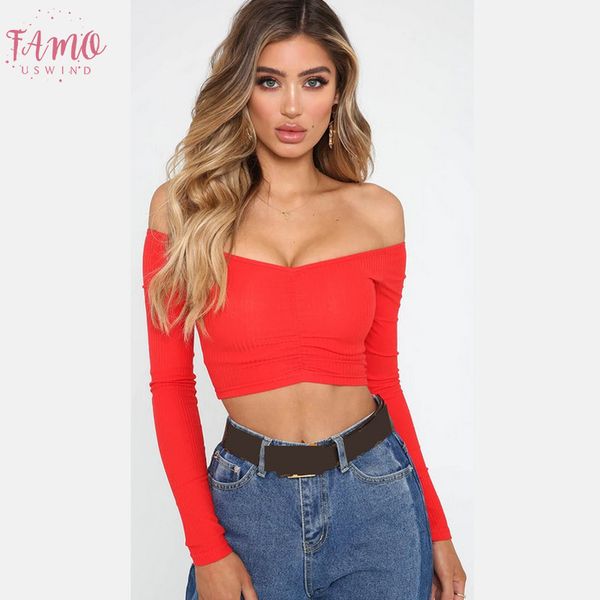 

2019 new women solid wear new off shoulder long sleeves slim t shirt fashion female bodycon short pullover tees hot, White