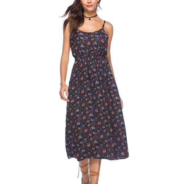 

feitong dress women daily casual cold off shoulder print high line sleeveless vest long dresses bohemian summer dress 2019, Black;gray